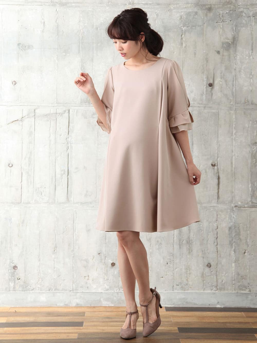 マタニティ ワンピース Love Mic 授乳口付 ストレッチジョーゼット タックベルスリーブワンピース マタニティウェア 授乳服通販 エンジェリーベ 公式