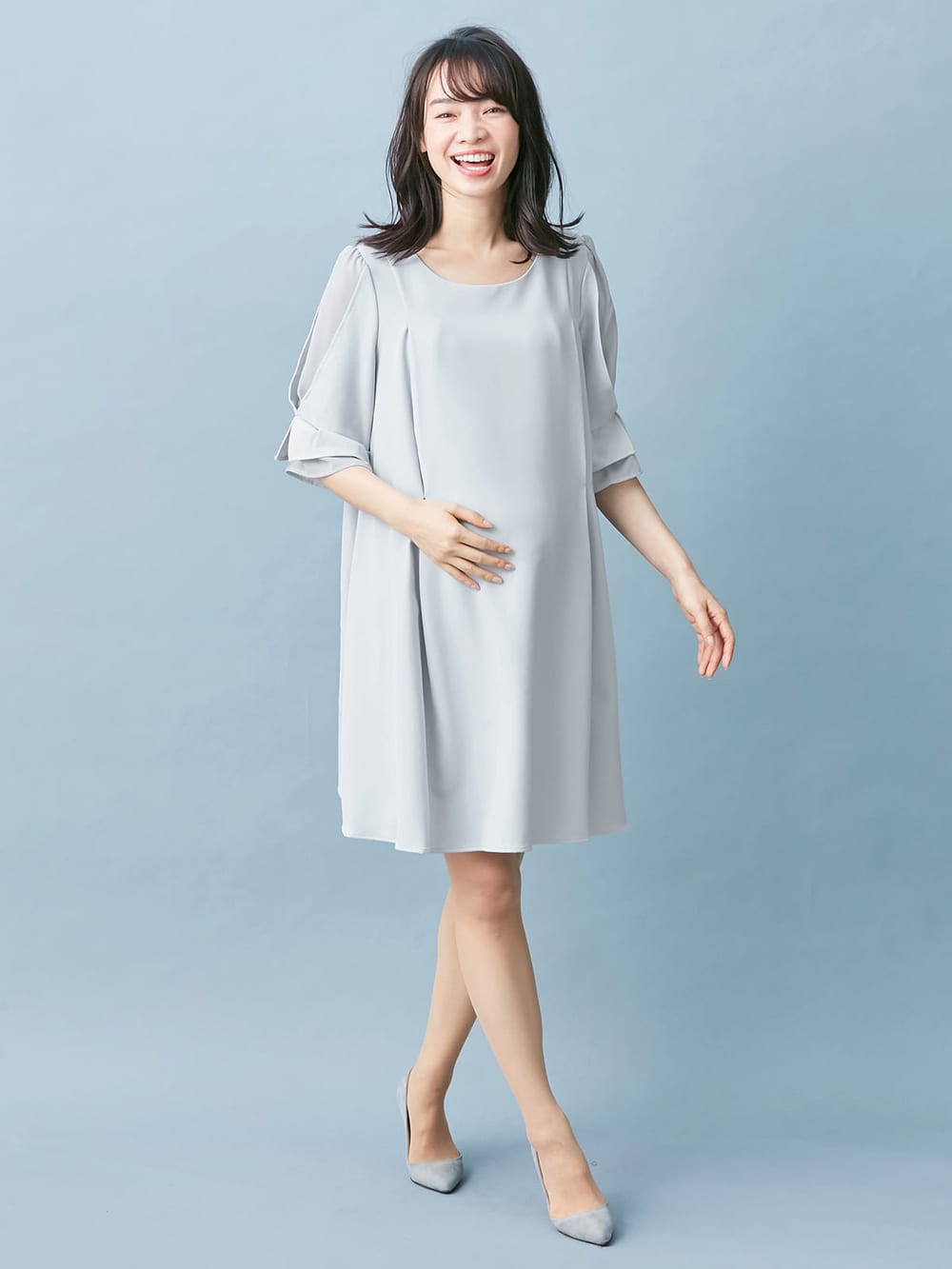 マタニティ ワンピース Love Mic 授乳口付 ストレッチジョーゼット タックベルスリーブワンピース マタニティウェア 授乳服通販 エンジェリーベ 公式