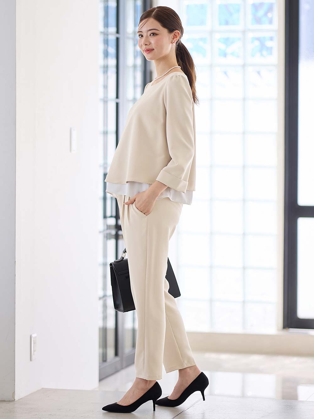 マタニティ トップス|ストレッチジョーゼットトップス　マタニティ・授乳服|ベージュ