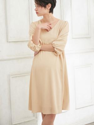 マタニティ ワンピース|Ｖネックボリュームスリーブフレアワンピース　マタニティ・授乳服【出産後も長く使える】|ペールベージュ