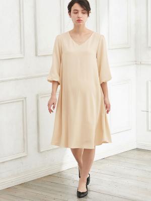 マタニティ ワンピース|Ｖネックボリュームスリーブフレアワンピース　マタニティ・授乳服【出産後も長く使える】|ペールベージュ