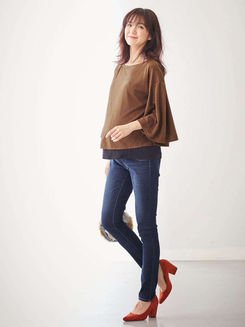 マタニティ トップス|フェイクスエード袖フレアートップス　マタニティ・授乳服|キャメル