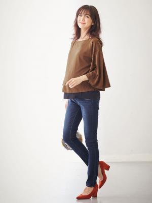 マタニティ トップス|フェイクスエード袖フレアートップス　マタニティ・授乳服|キャメル