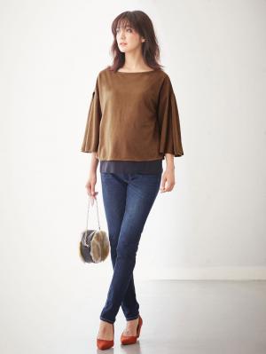 マタニティ トップス|フェイクスエード袖フレアートップス　マタニティ・授乳服|キャメル