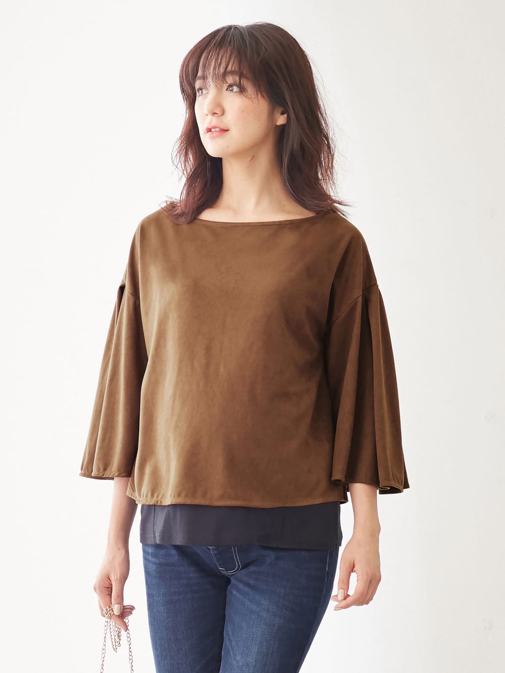 マタニティ トップス|フェイクスエード袖フレアートップス　マタニティ・授乳服|キャメル