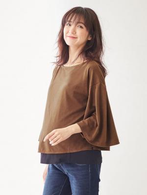 マタニティ トップス|フェイクスエード袖フレアートップス　マタニティ・授乳服|キャメル