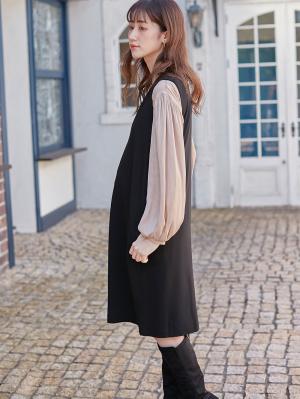 マタニティ ワンピース|【授乳しやすい】ポンチミドルジャンパースカート【出産後も長く使える】|ブラック