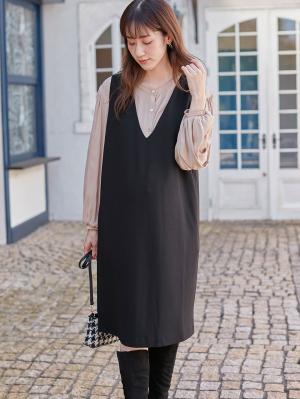 マタニティ ワンピース|【授乳しやすい】ポンチミドルジャンパースカート【出産後も長く使える】|ブラック