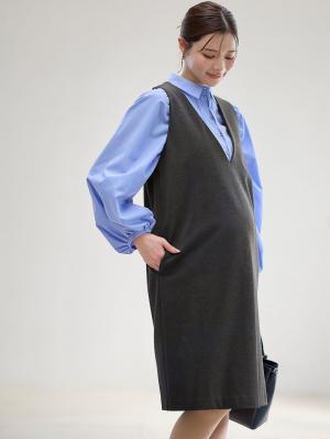 マタニティ ワンピース|【授乳しやすい】ポンチミドルジャンパースカート【出産後も長く使える】|杢チャコール