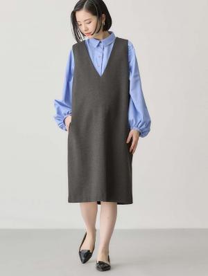 マタニティ ワンピース|【授乳しやすい】ポンチミドルジャンパースカート【出産後も長く使える】|杢チャコール