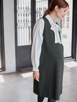 マタニティ ワンピース|【授乳しやすい】ポンチミドルジャンパースカート【出産後も長く使える】|杢チャコール