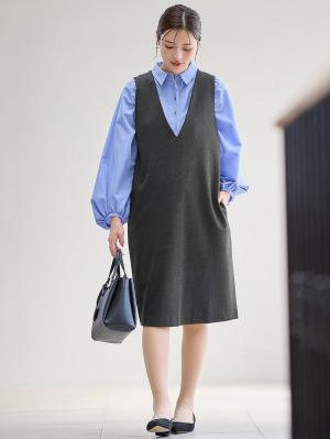 マタニティ ワンピース|【授乳しやすい】ポンチミドルジャンパースカート【出産後も長く使える】|杢チャコール