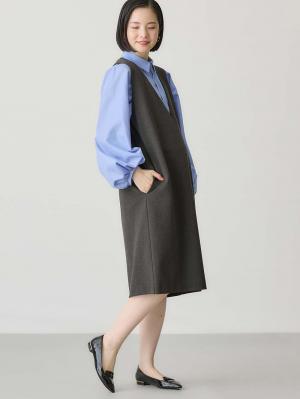 マタニティ ワンピース|【授乳しやすい】ポンチミドルジャンパースカート【出産後も長く使える】|杢チャコール