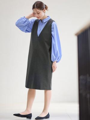 マタニティ ワンピース|【授乳しやすい】ポンチミドルジャンパースカート【出産後も長く使える】|杢チャコール