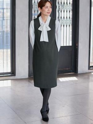 マタニティ ワンピース|【授乳しやすい】ポンチミドルジャンパースカート【出産後も長く使える】|杢チャコール