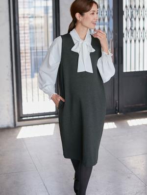 マタニティ ワンピース|【授乳しやすい】ポンチミドルジャンパースカート【出産後も長く使える】|杢チャコール