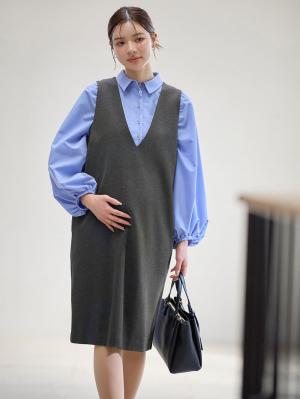 マタニティ ワンピース|【授乳しやすい】ポンチミドルジャンパースカート【出産後も長く使える】|杢チャコール