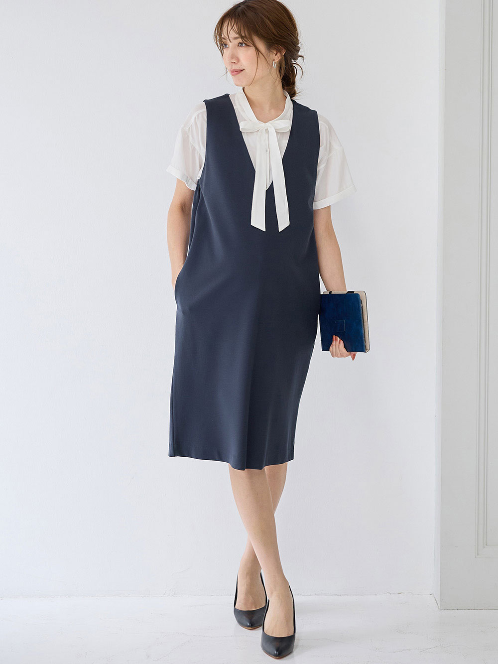 マタニティ ワンピース|【授乳しやすい】ポンチミドルジャンパースカート【出産後も長く使える】|ネイビー