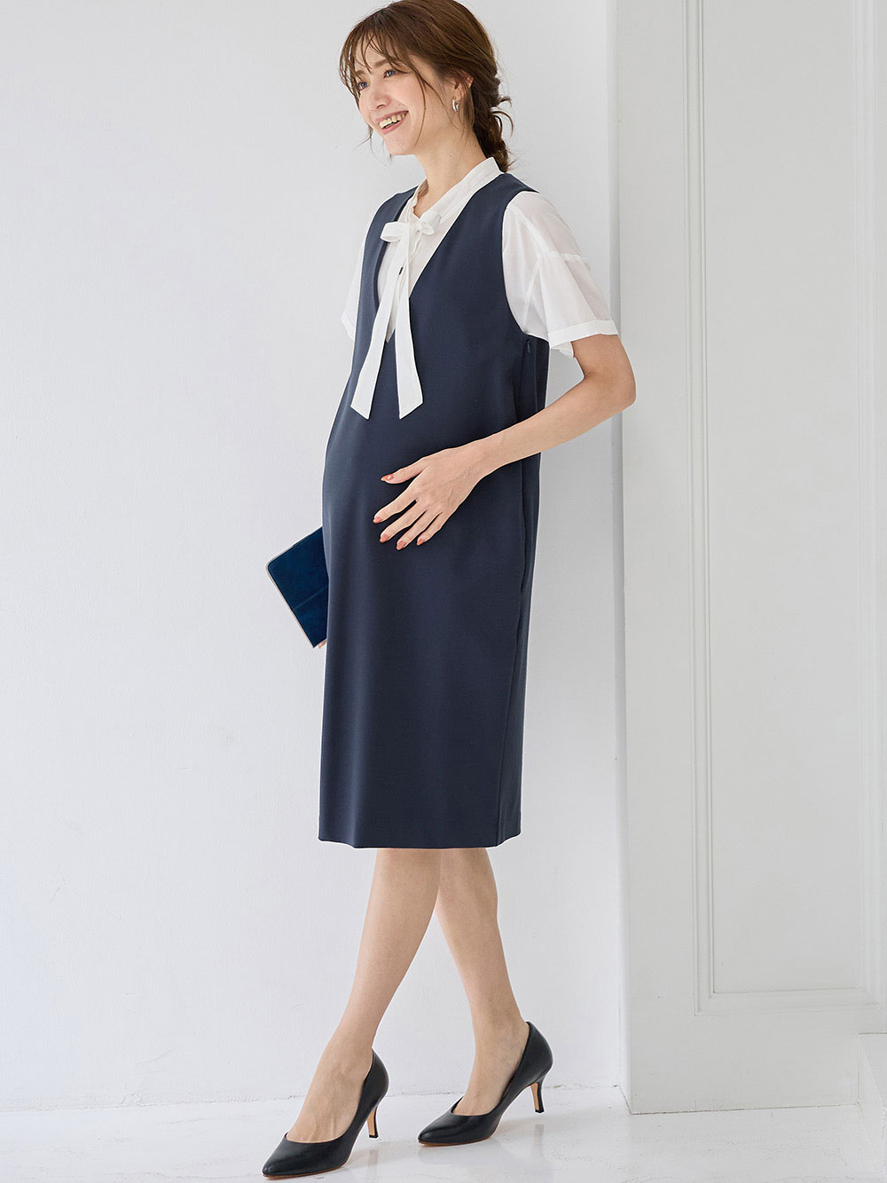 マタニティ ワンピース|【授乳しやすい】ポンチミドルジャンパースカート【出産後も長く使える】|ネイビー