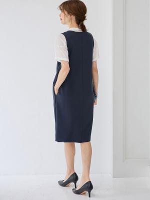 マタニティ ワンピース|【授乳しやすい】ポンチミドルジャンパースカート【出産後も長く使える】|ネイビー