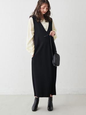 マタニティ ワンピース|ポンチロングジャンパースカート　マタニティ・授乳服【出産後も長く使える】|ブラック