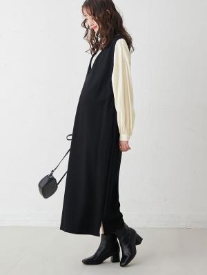 マタニティ ワンピース|ポンチロングジャンパースカート　マタニティ・授乳服【出産後も長く使える】|ブラック