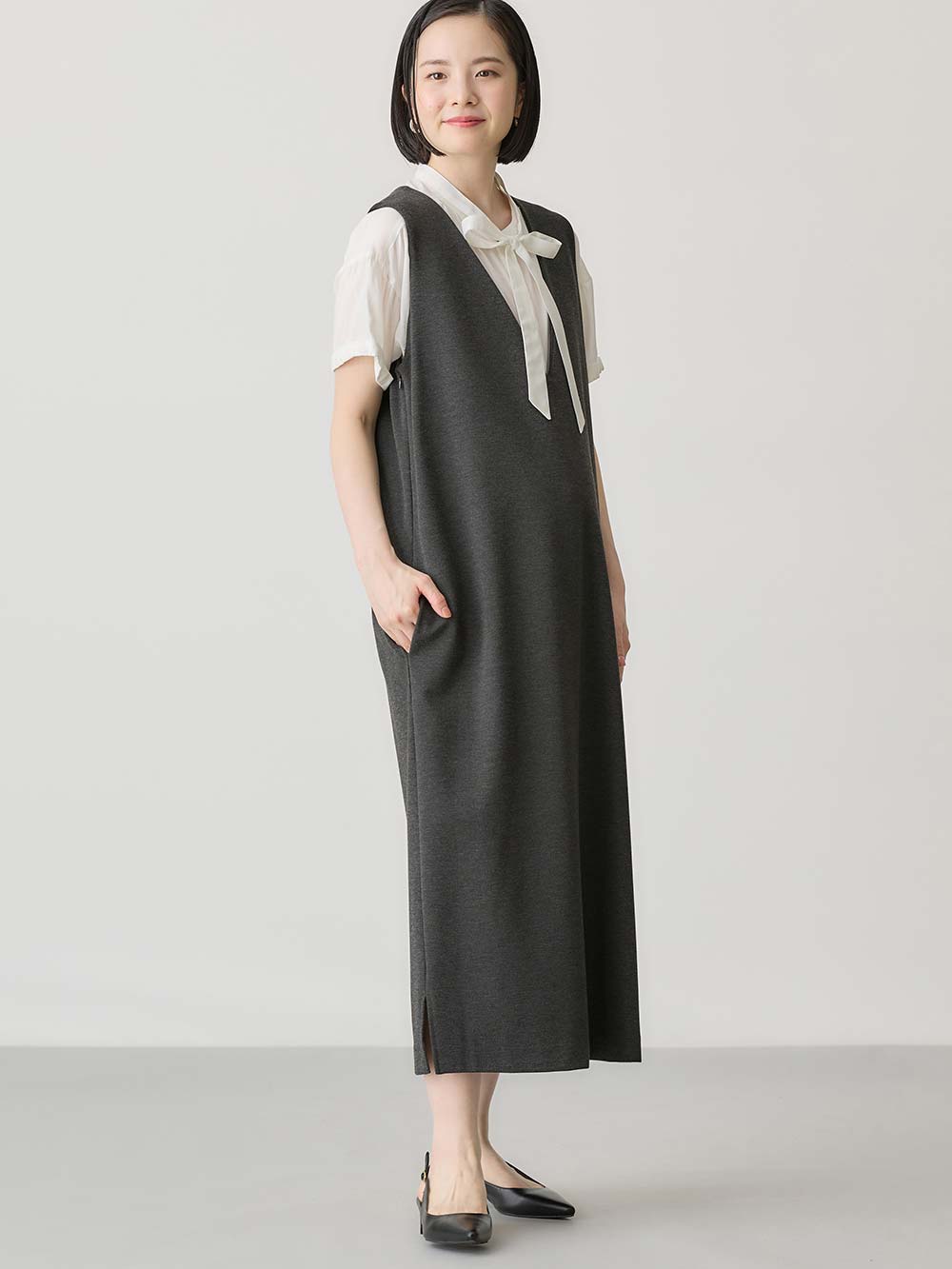 マタニティ ワンピース|ポンチロングジャンパースカート　マタニティ・授乳服【出産後も長く使える】|杢チャコール