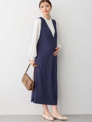 マタニティ ワンピース|ポンチロングジャンパースカート　マタニティ・授乳服【出産後も長く使える】|ネイビー