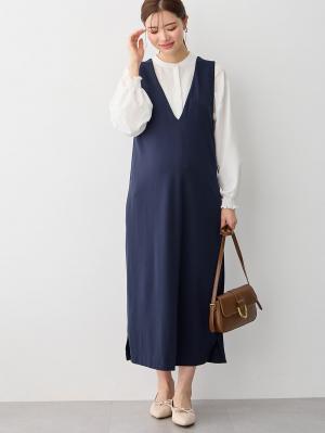 マタニティ ワンピース|ポンチロングジャンパースカート　マタニティ・授乳服【出産後も長く使える】|ネイビー