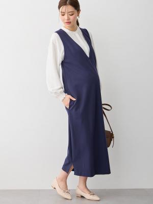 マタニティ ワンピース|ポンチロングジャンパースカート　マタニティ・授乳服【出産後も長く使える】|ネイビー
