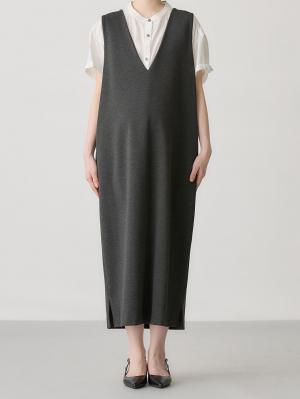 マタニティ ワンピース|ポンチロングジャンパースカート　マタニティ・授乳服【出産後も長く使える】