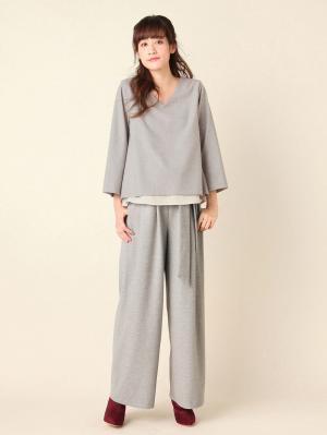 マタニティ トップス|バックシャン起毛ポンチVネックレイヤードトップス マタニティ・授乳服