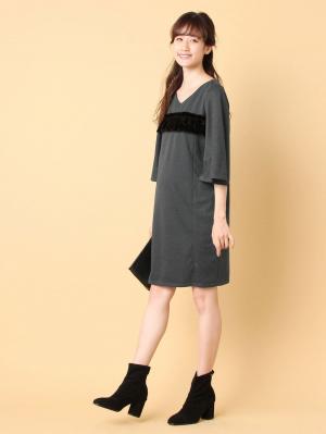 マタニティ ワンピース|ベロアフリルポンチフレアスリーブワンピース　マタニティ・授乳服|杢グレー×ブラック