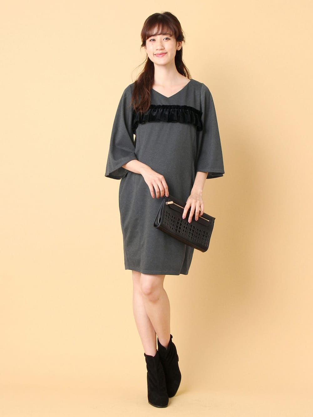 マタニティ ワンピース|ベロアフリルポンチフレアスリーブワンピース　マタニティ・授乳服|杢グレー×ブラック