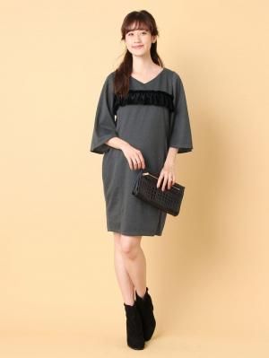 マタニティ ワンピース|ベロアフリルポンチフレアスリーブワンピース　マタニティ・授乳服|杢グレー×ブラック