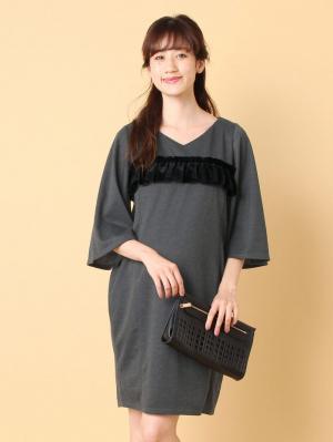 マタニティ ワンピース|ベロアフリルポンチフレアスリーブワンピース　マタニティ・授乳服|杢グレー×ブラック