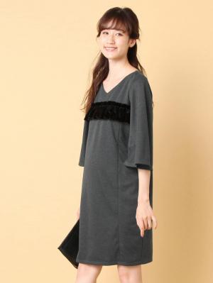 マタニティ ワンピース|ベロアフリルポンチフレアスリーブワンピース　マタニティ・授乳服|杢グレー×ブラック