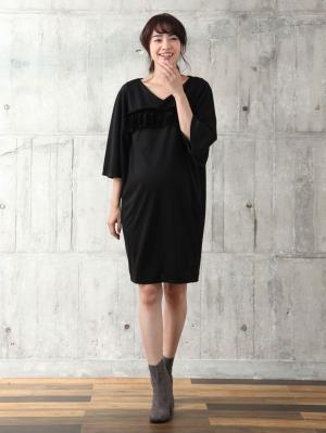 マタニティ ワンピース|ベロアフリルポンチフレアスリーブワンピース　マタニティ・授乳服|ブラック×ブラック