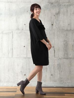 マタニティ ワンピース|ベロアフリルポンチフレアスリーブワンピース　マタニティ・授乳服|ブラック×ブラック