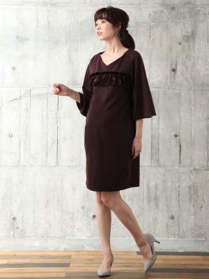マタニティ ワンピース|ベロアフリルポンチフレアスリーブワンピース　マタニティ・授乳服|ブラウン×ブラウン