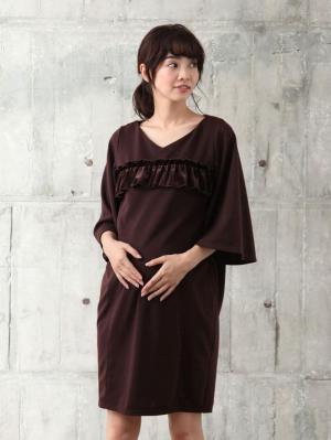 マタニティ ワンピース|ベロアフリルポンチフレアスリーブワンピース　マタニティ・授乳服|ブラウン×ブラウン