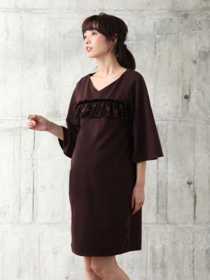 マタニティ ワンピース|ベロアフリルポンチフレアスリーブワンピース　マタニティ・授乳服|ブラウン×ブラウン