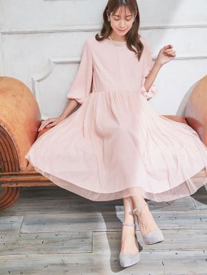 マタニティ ワンピース|チュールシアースカートワンピース　マタニティ・授乳服【出産後も長く使える】|ピンク×ピンク