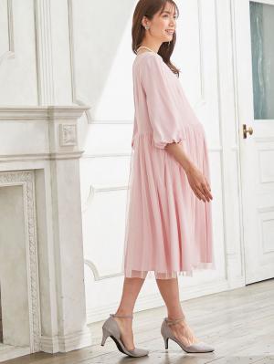 マタニティ ワンピース|チュールシアースカートワンピース　マタニティ・授乳服【出産後も長く使える】|ピンク×ピンク