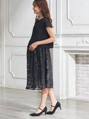 マタニティ ワンピース|（半袖・長袖 2タイプあり）カットボイルスカートドッキングワンピース　マタニティ・授乳服【出産後も長く使える】|ブラック（半袖）