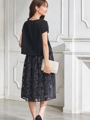 マタニティ ワンピース|（半袖・長袖 2タイプあり）カットボイルスカートドッキングワンピース　マタニティ・授乳服【出産後も長く使える】|ブラック（半袖）