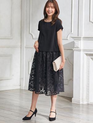 マタニティ ワンピース|（半袖・長袖 2タイプあり）カットボイルスカートドッキングワンピース　マタニティ・授乳服【出産後も長く使える】|ブラック（半袖）