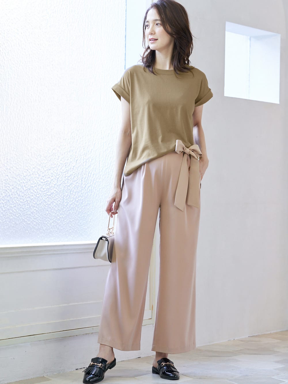 マタニティ パンツ サロペット 産前産後対応 リボンベルト付ジョーゼットパンツ マタニティウェア 授乳服通販 エンジェリーベ 公式