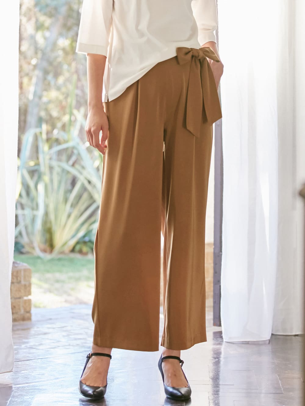 マタニティ パンツ|【産前産後対応】リボンベルト付ジョーゼットパンツ|キャメル