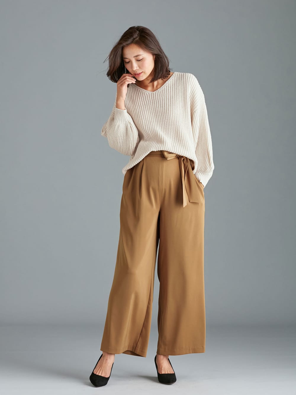 マタニティ パンツ|【産前産後対応】リボンベルト付ジョーゼットパンツ|キャメル